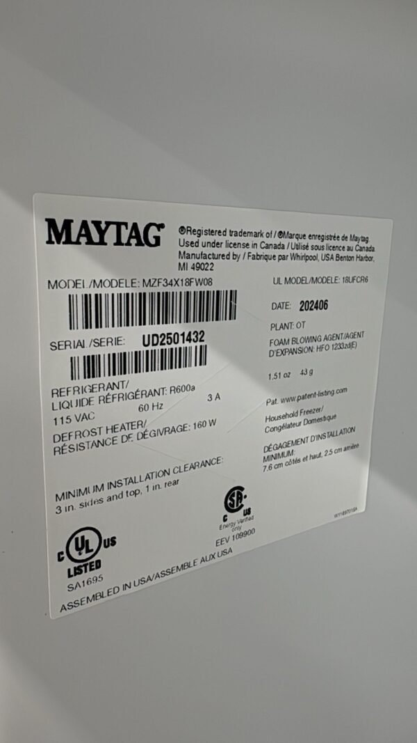 Maytag Heritage Series MZF34X18FW 30 1/4 Inch Upright Freezer - Image 4
