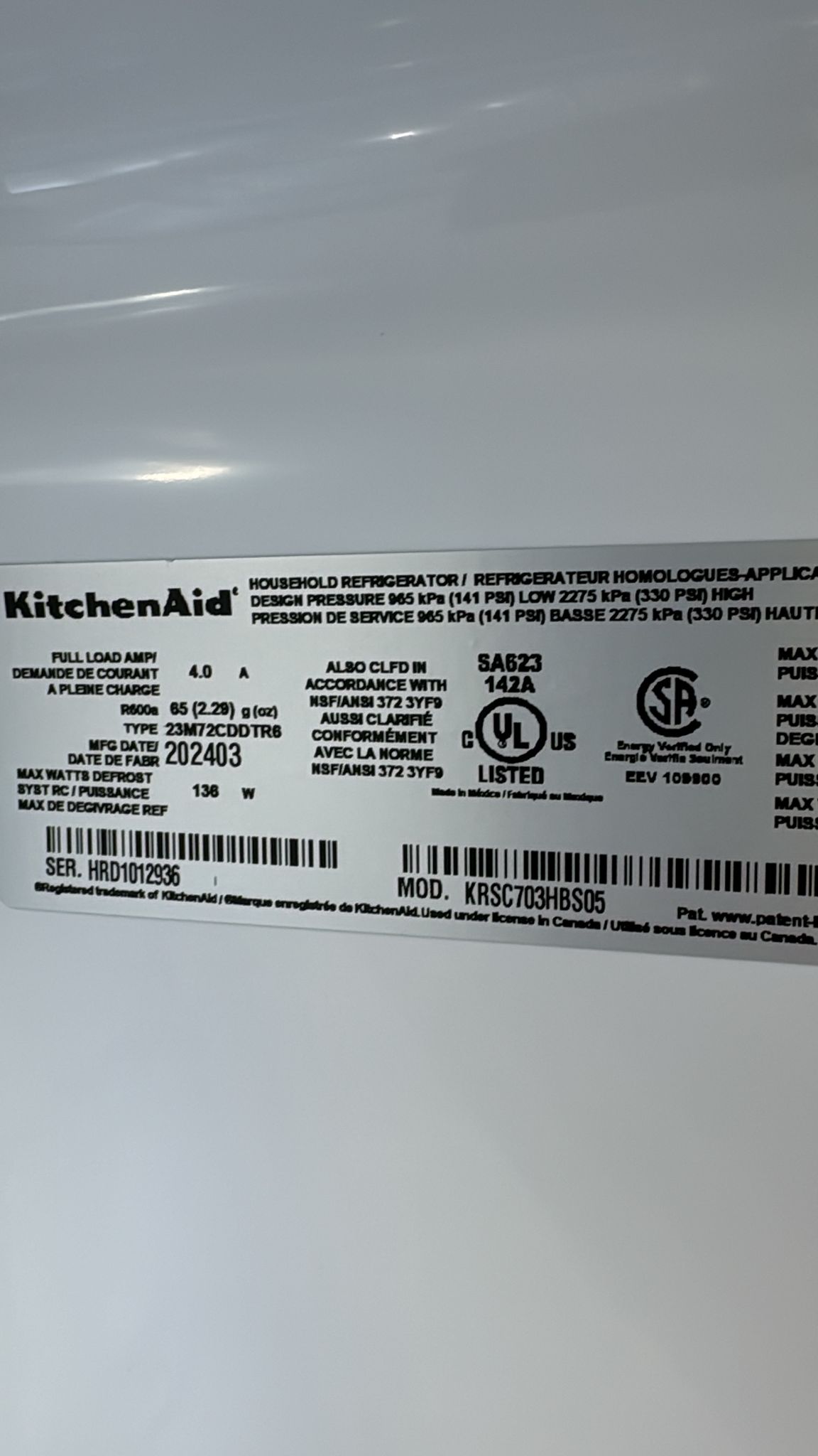 KitchenAid KRSC703HBS 36" Side by Side Refrigerator - Image 3